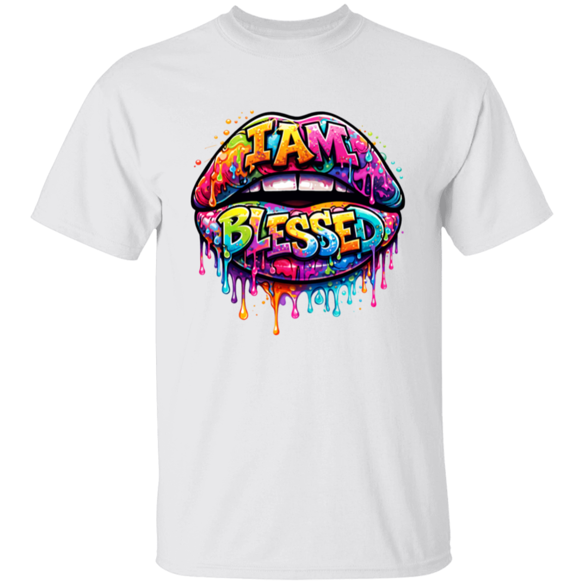White t-shirt with colorful 'I AM BLESSED' graphic design on a white background