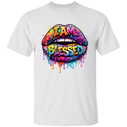 White t-shirt with colorful 'I AM BLESSED' graphic design on a white background