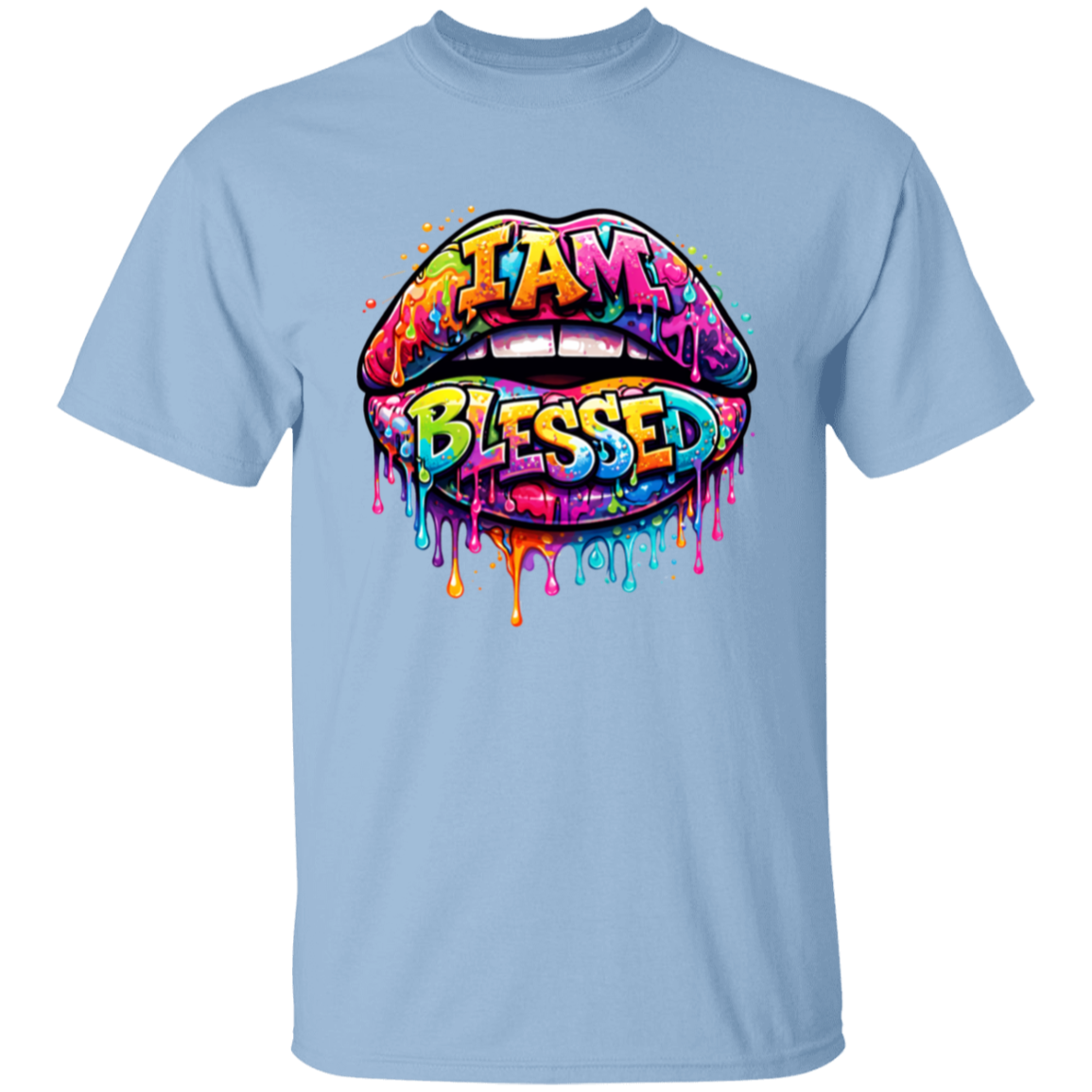 Light blue t-shirt with colorful 'I AM BLESSED' graphic design on a white background
