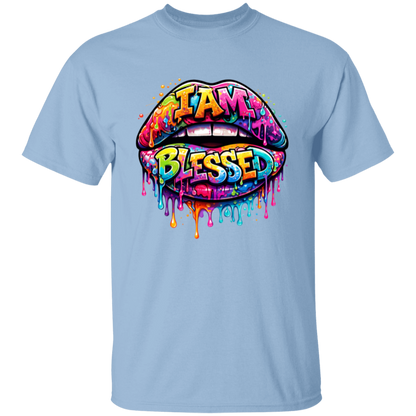Light blue t-shirt with colorful 'I AM BLESSED' graphic design on a white background