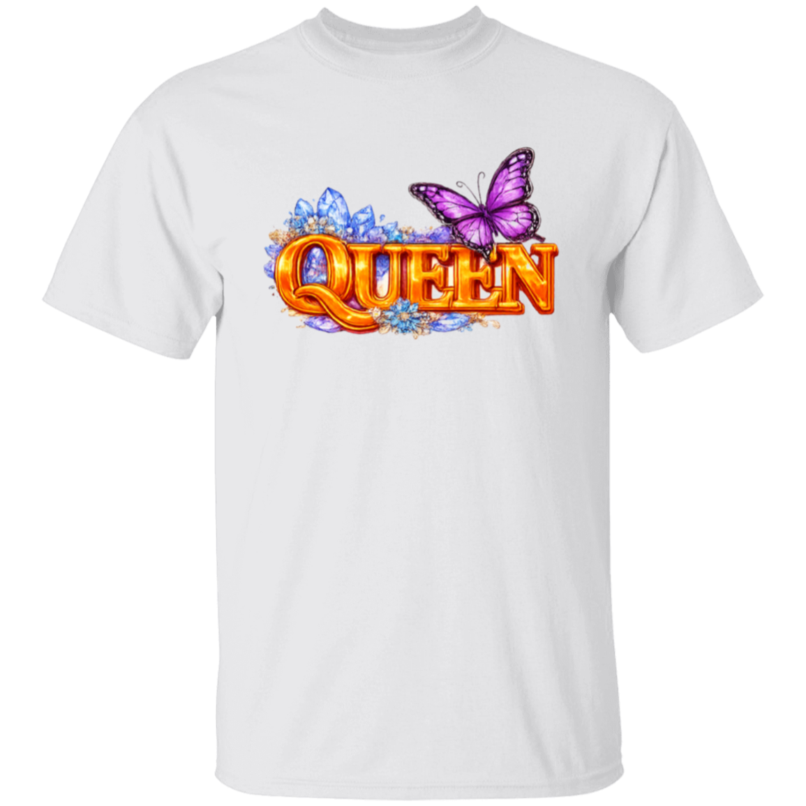 White t-shirt with 'QUEEN' text and butterfly design on a white background