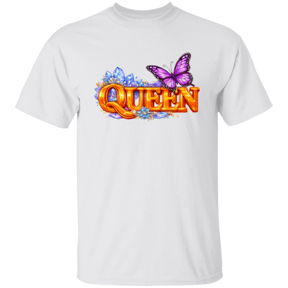 White t-shirt with 'QUEEN' text and butterfly design on a white background