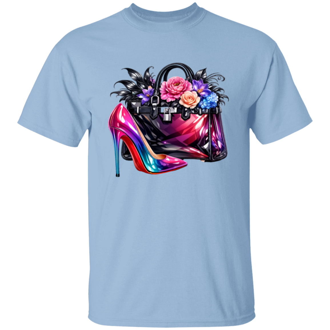Light blue t-shirt with a colorful high heel shoe and handbag design on a white background