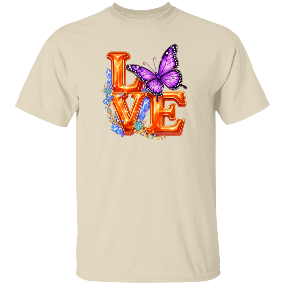 White t-shirt with 'LOVE' design featuring a butterfly on a white background