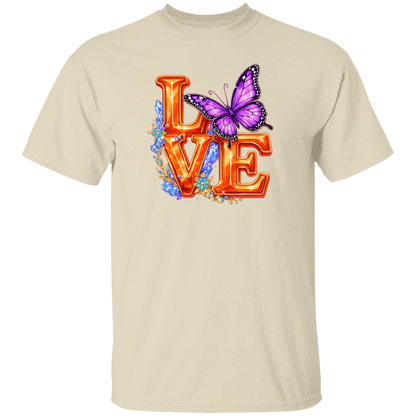 White t-shirt with 'LOVE' design featuring a butterfly on a white background