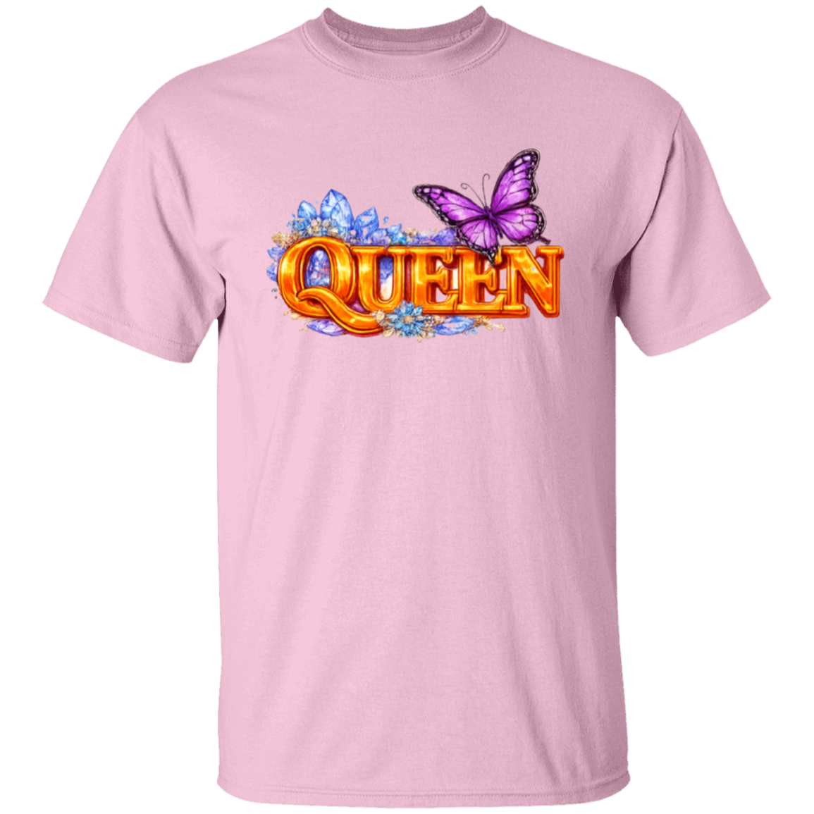 Pink t-shirt with 'QUEEN' text and butterfly design on a white background