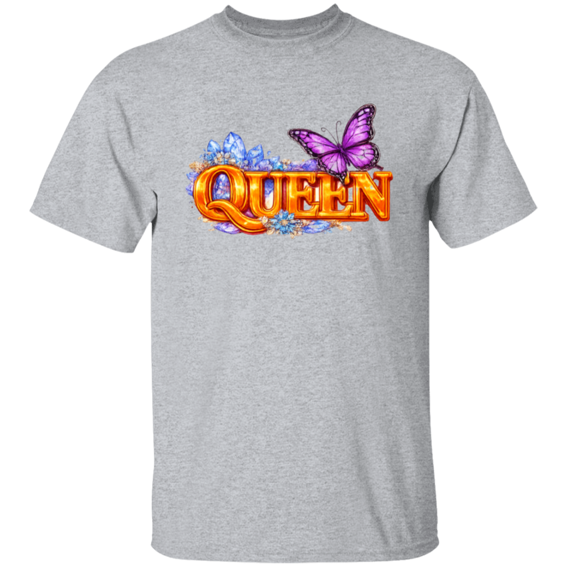 Gray t-shirt with 'QUEEN' text and butterfly design on a white background