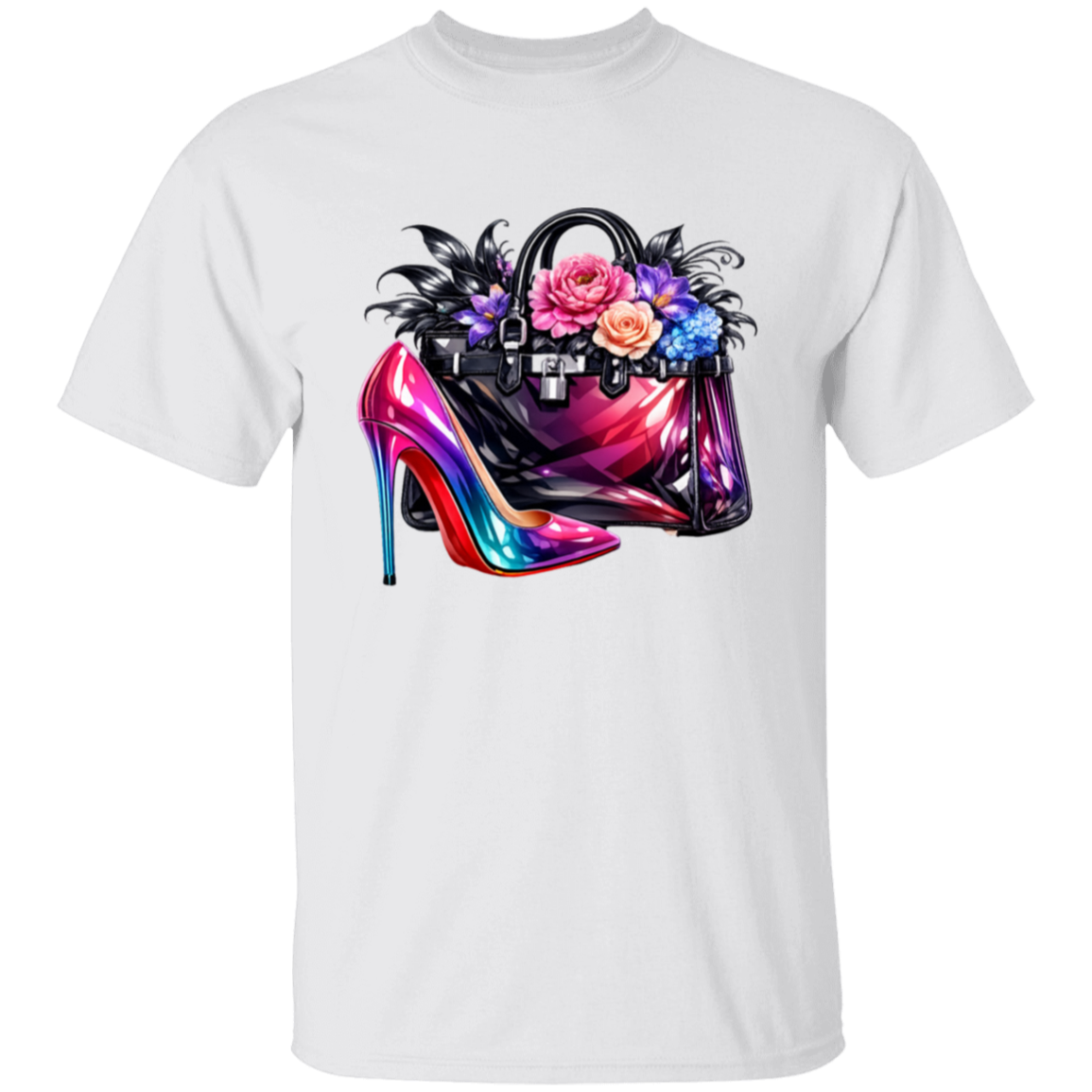 White t-shirt with a colorful high-heeled shoe and handbag design on a white background