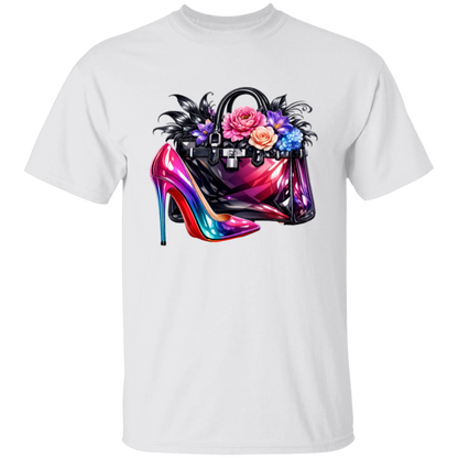White t-shirt with a colorful high-heeled shoe and handbag design on a white background