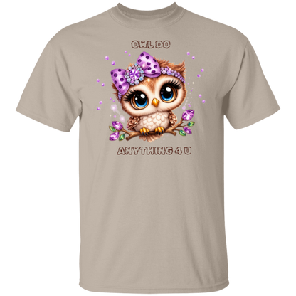 Beige t-shirt with an owl graphic and text on a white background