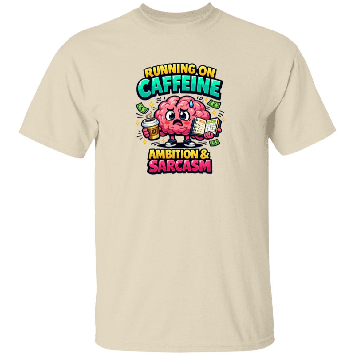 White t-shirt with a graphic design featuring a brain holding a coffee cup and text on a white background