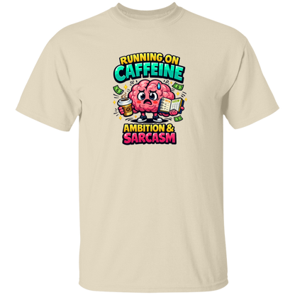 White t-shirt with a graphic design featuring a brain holding a coffee cup and text on a white background