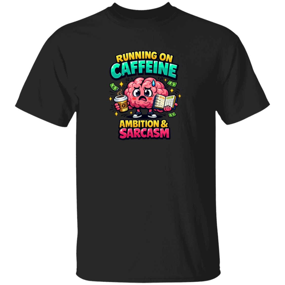 Black t-shirt with a colorful graphic and text on a white background