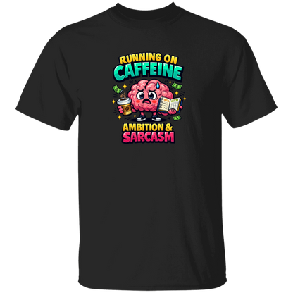 Black t-shirt with a colorful graphic and text on a white background
