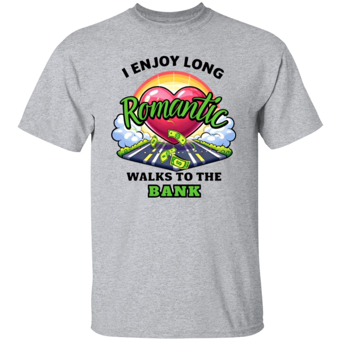 Gray t-shirt with a colorful graphic and text on a white background