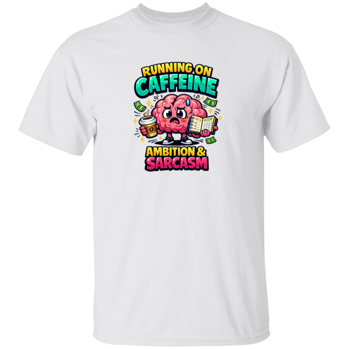 White t-shirt with a colorful graphic and text on a white background