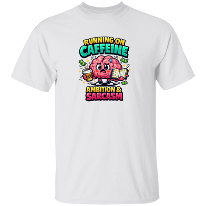 White t-shirt with a colorful graphic and text on a white background