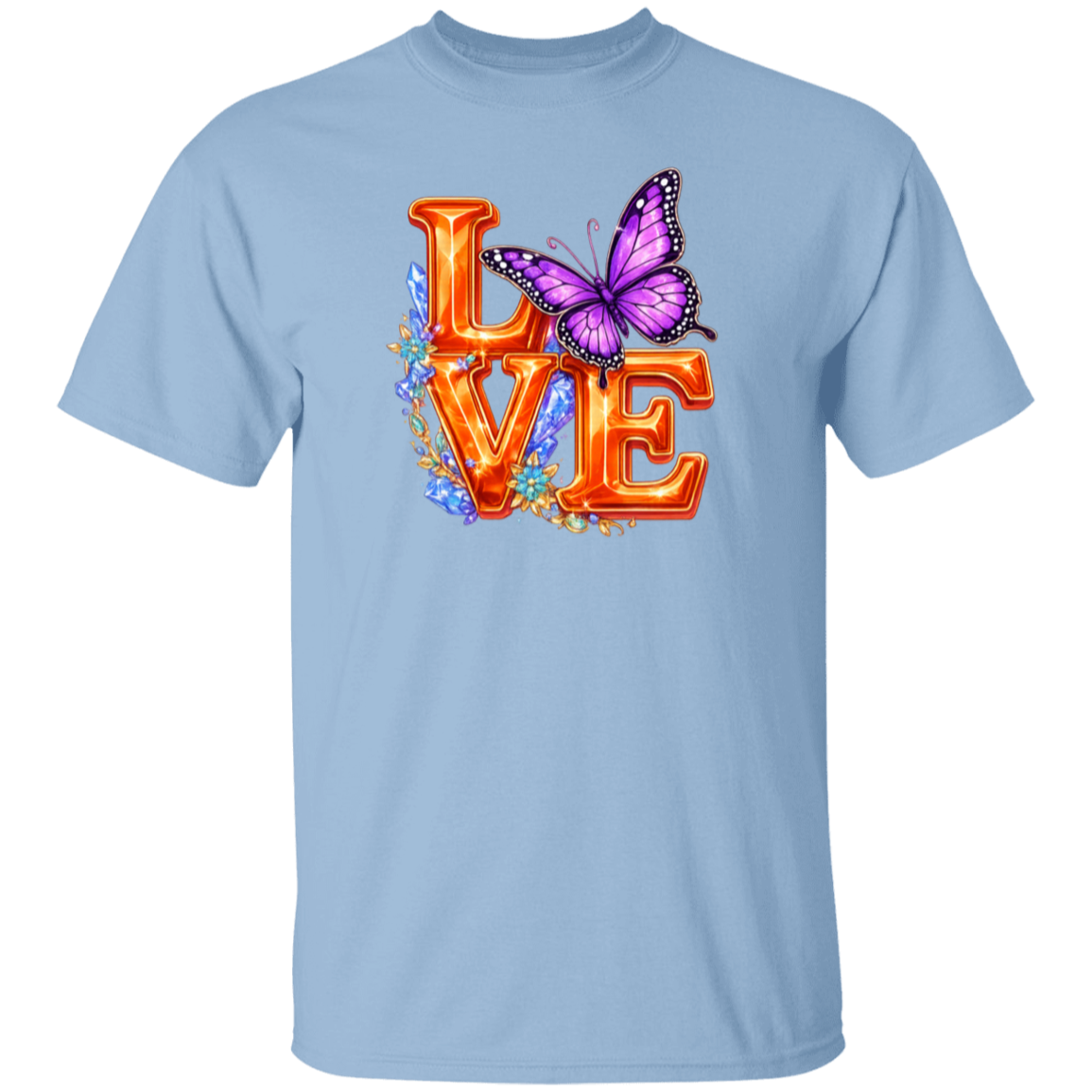 Light blue t-shirt with 'LOVE' design featuring a butterfly on a white background