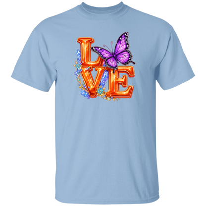 Light blue t-shirt with 'LOVE' design featuring a butterfly on a white background
