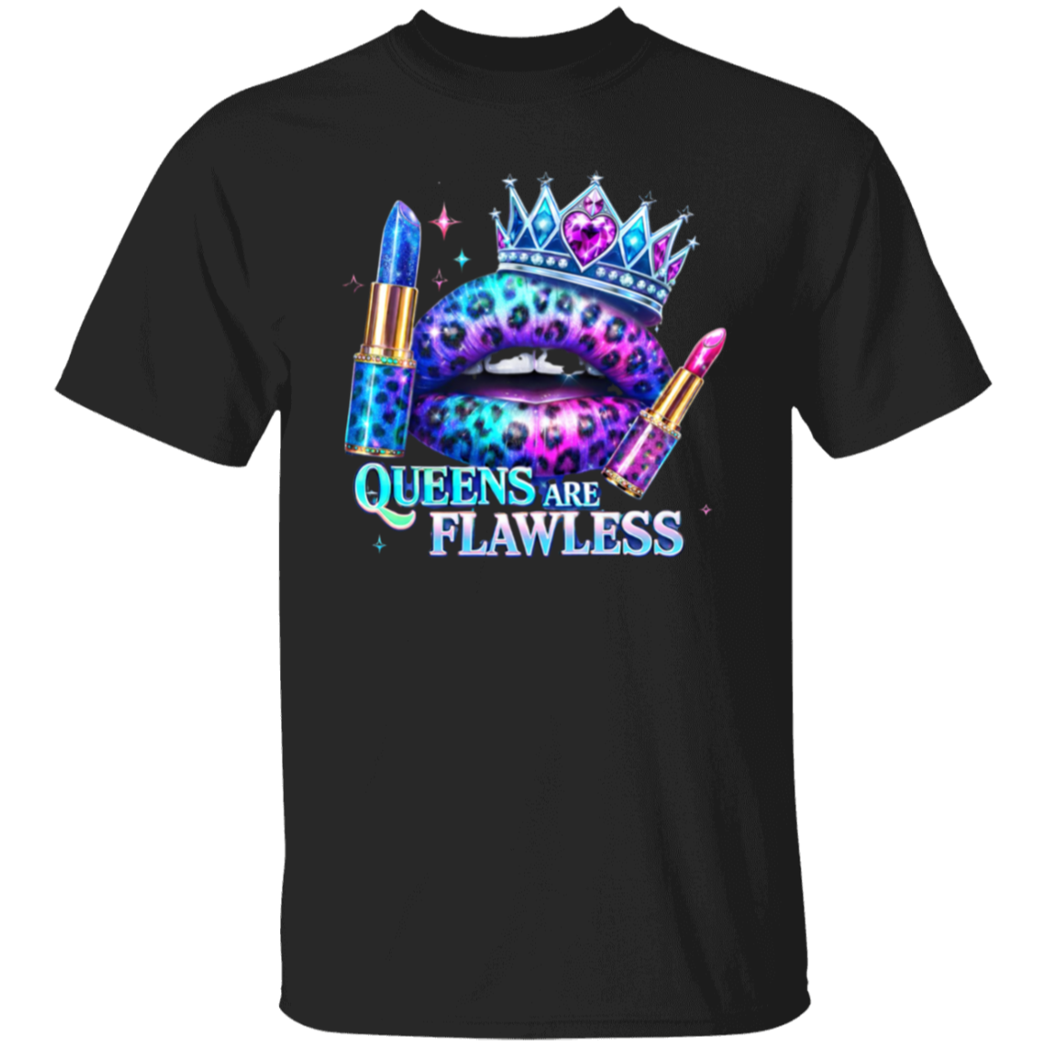 Black t-shirt with a colorful graphic and text.