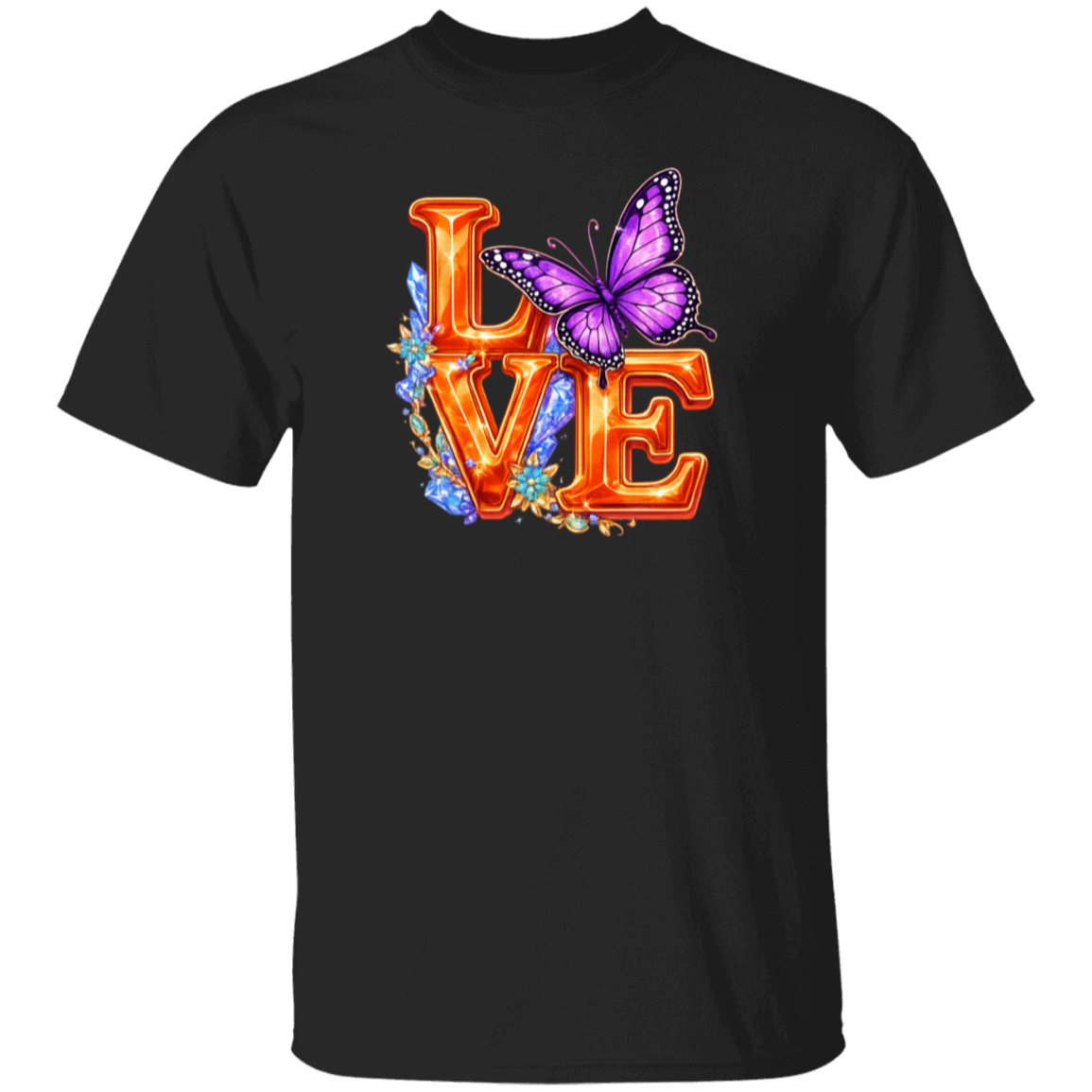 Black t-shirt with 'LOVE' and butterfly design on a white background