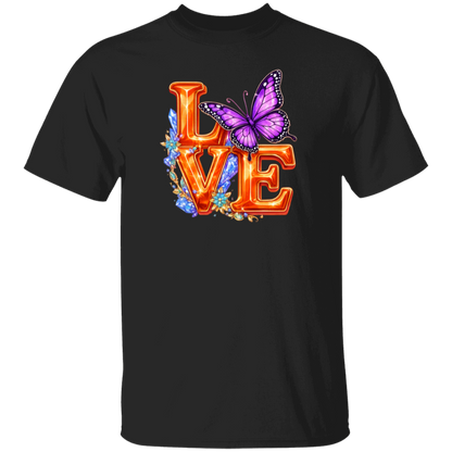 Black t-shirt with 'LOVE' and butterfly design on a white background