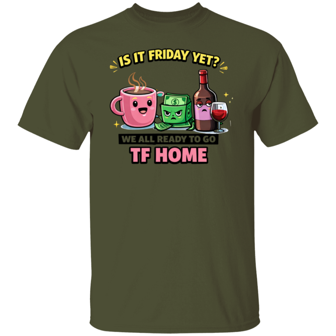 Green t-shirt with cartoon designs and text on a white background