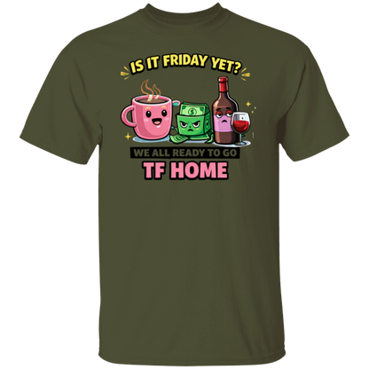 Green t-shirt with cartoon designs and text on a white background