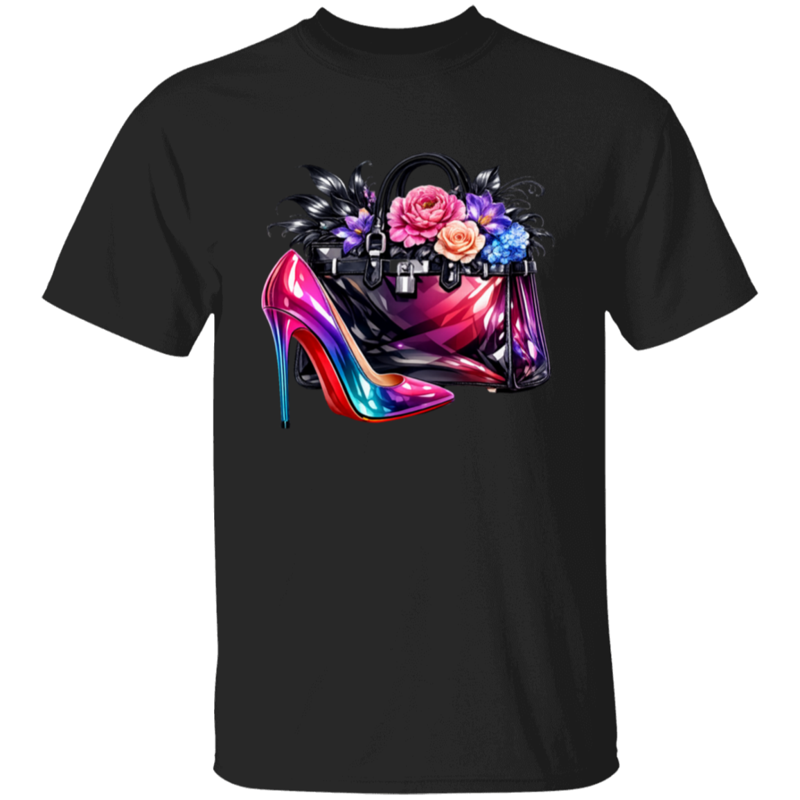 Black t-shirt with a colorful high-heeled shoe and handbag design on a white background