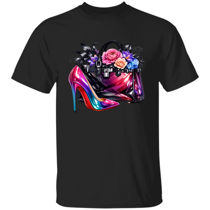 Black t-shirt with a colorful high-heeled shoe and handbag design on a white background