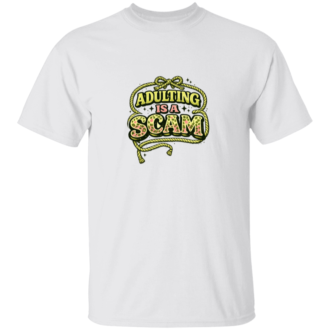 White t-shirt with 'Adulting is a Scam' graphic design on a white background