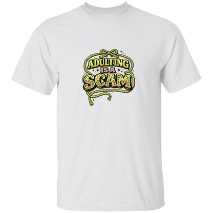 White t-shirt with 'Adulting is a Scam' graphic design on a white background