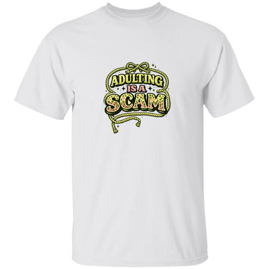 White t-shirt with 'Adulting is a Scam' graphic design on a white background