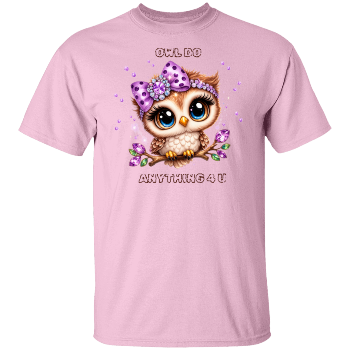 Pink t-shirt with an owl graphic and text on a white background
