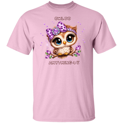 Pink t-shirt with an owl graphic and text on a white background