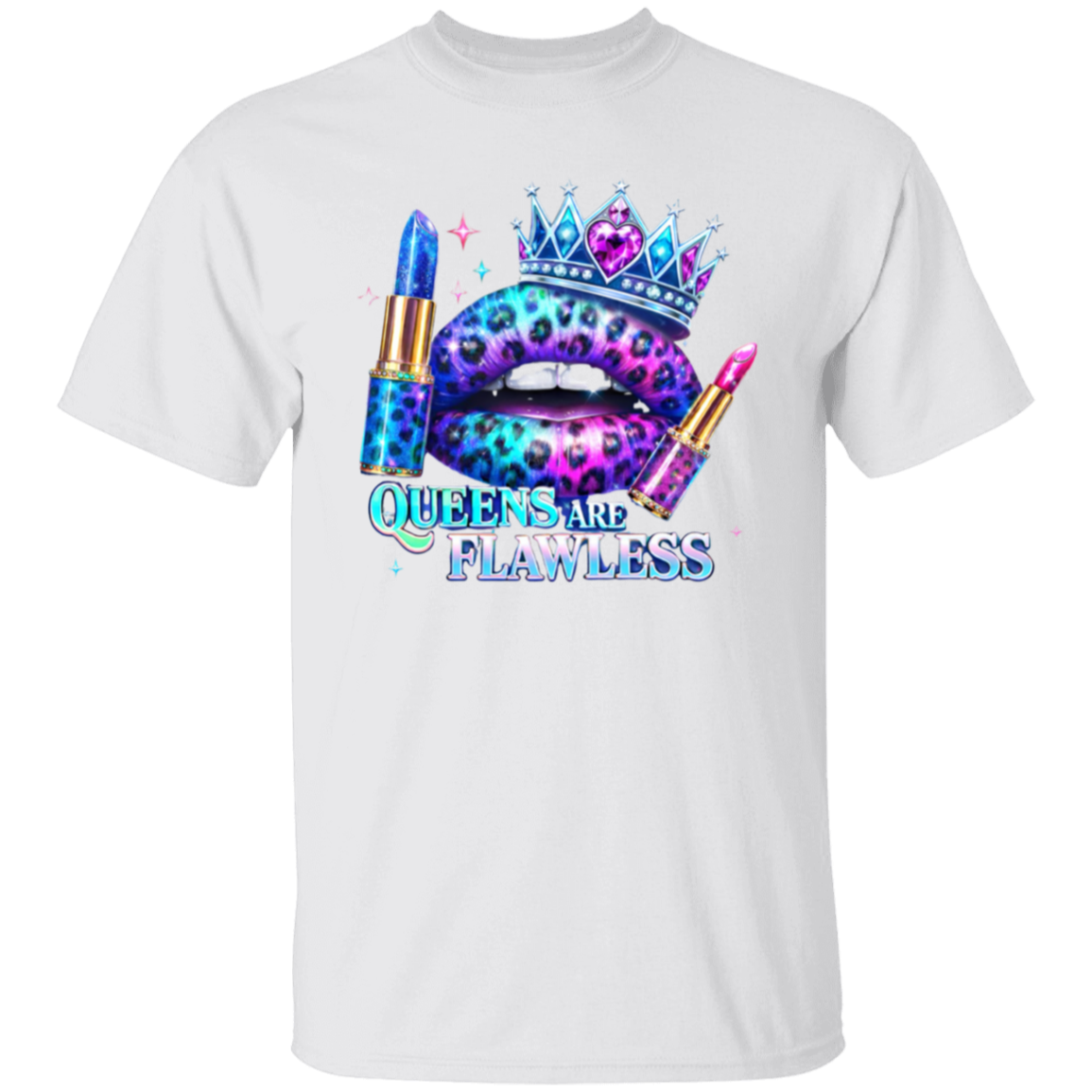 white t-shirt with a colorful graphic and text.