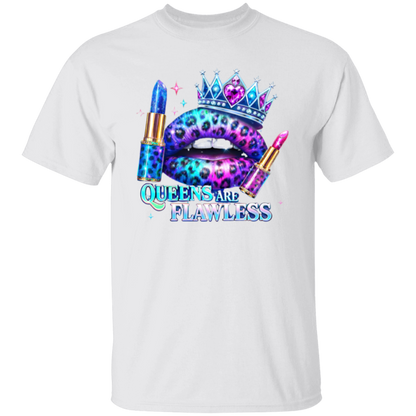 white t-shirt with a colorful graphic and text.