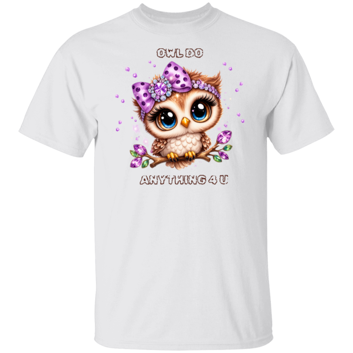 White t-shirt with a cartoon owl wearing a purple headband and text 'OWL DO ANYTHING 4 U' on a white background