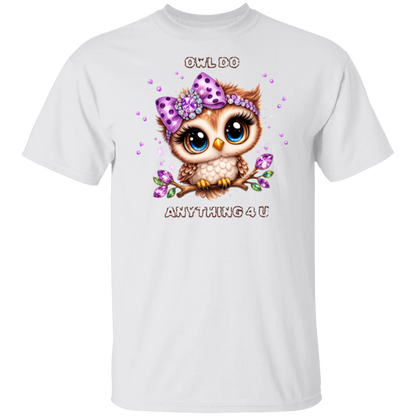 White t-shirt with a cartoon owl wearing a purple headband and text 'OWL DO ANYTHING 4 U' on a white background