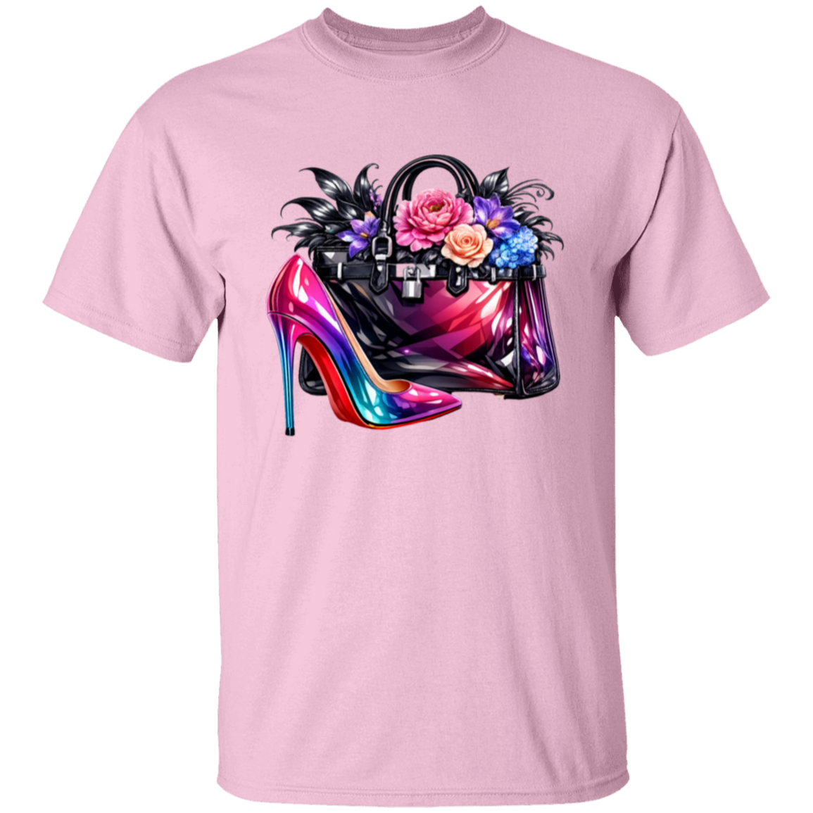 Pink t-shirt with a colorful high heel shoe and handbag graphic on a white background