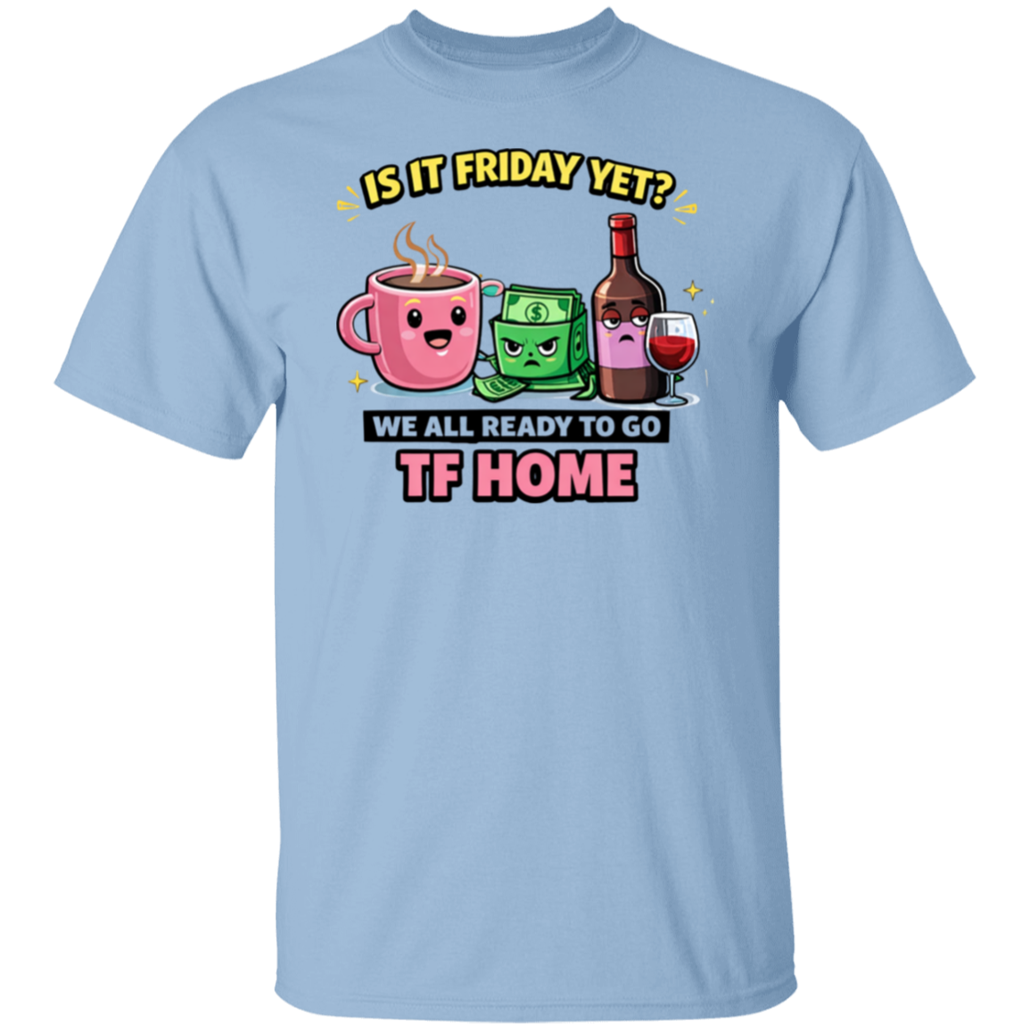 Light blue t-shirt with cartoon graphics and text on a white background