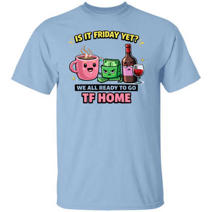 Light blue t-shirt with cartoon graphics and text on a white background