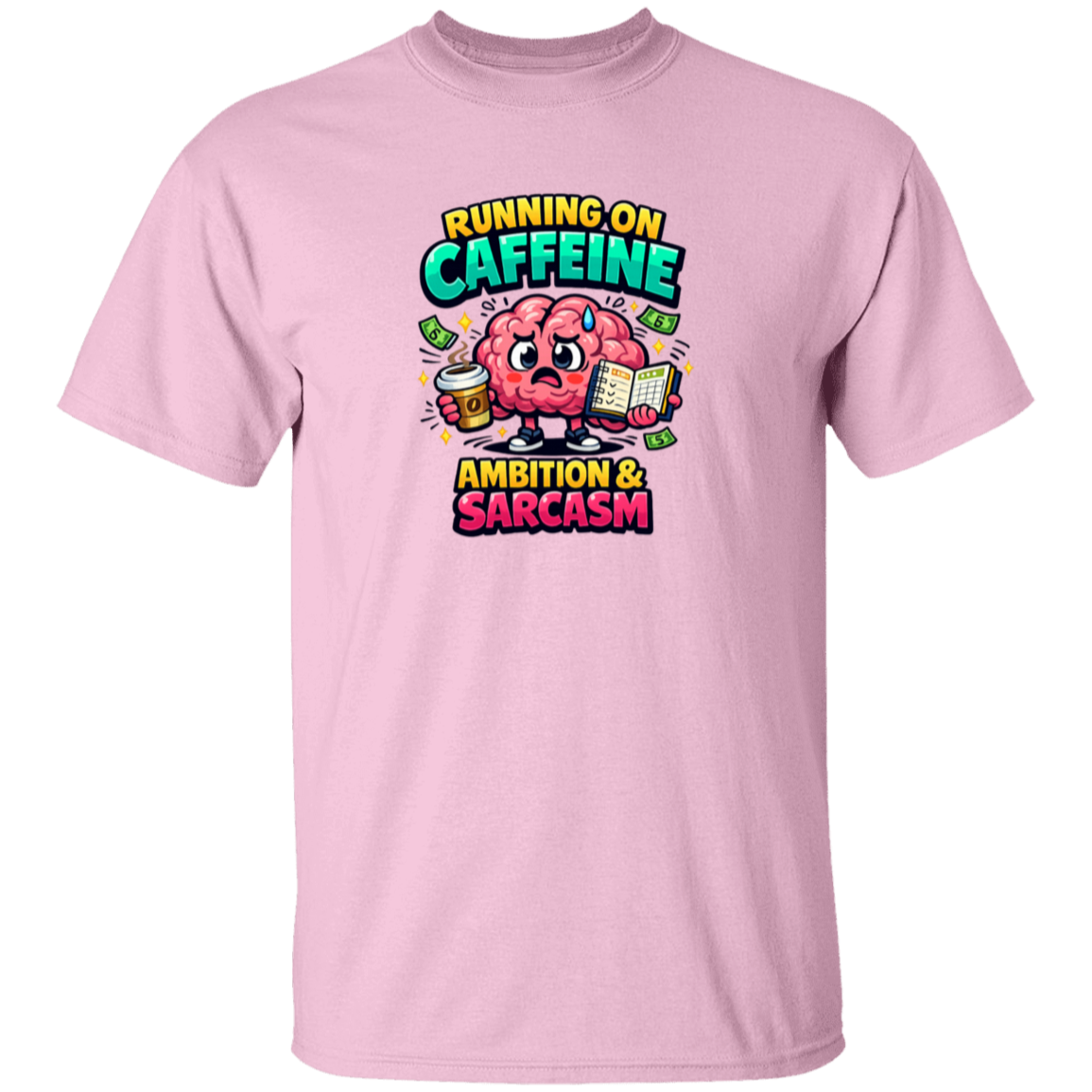 Pink t-shirt with a colorful graphic and text on a white background