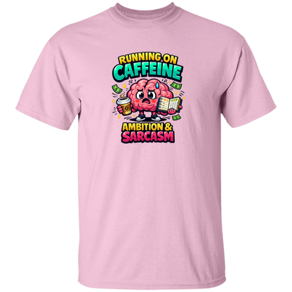 Pink t-shirt with a colorful graphic and text on a white background