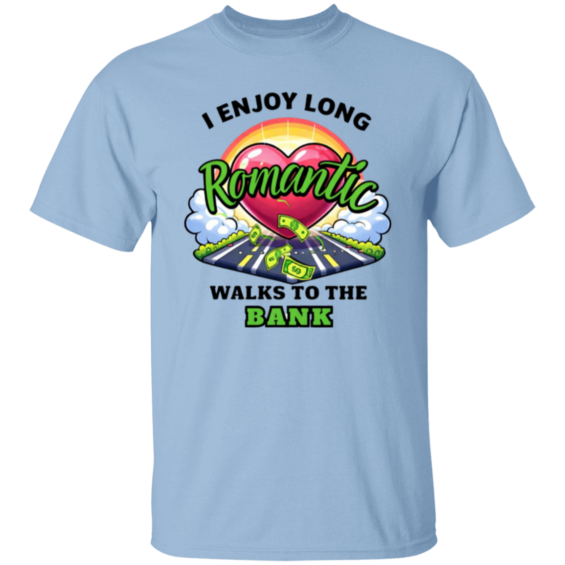 Light blue t-shirt with colorful graphic and text on a white background