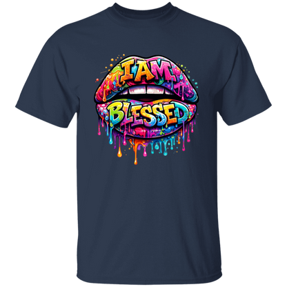 Navy blue t-shirt with colorful 'I AM BLESSED' graphic design on a white background