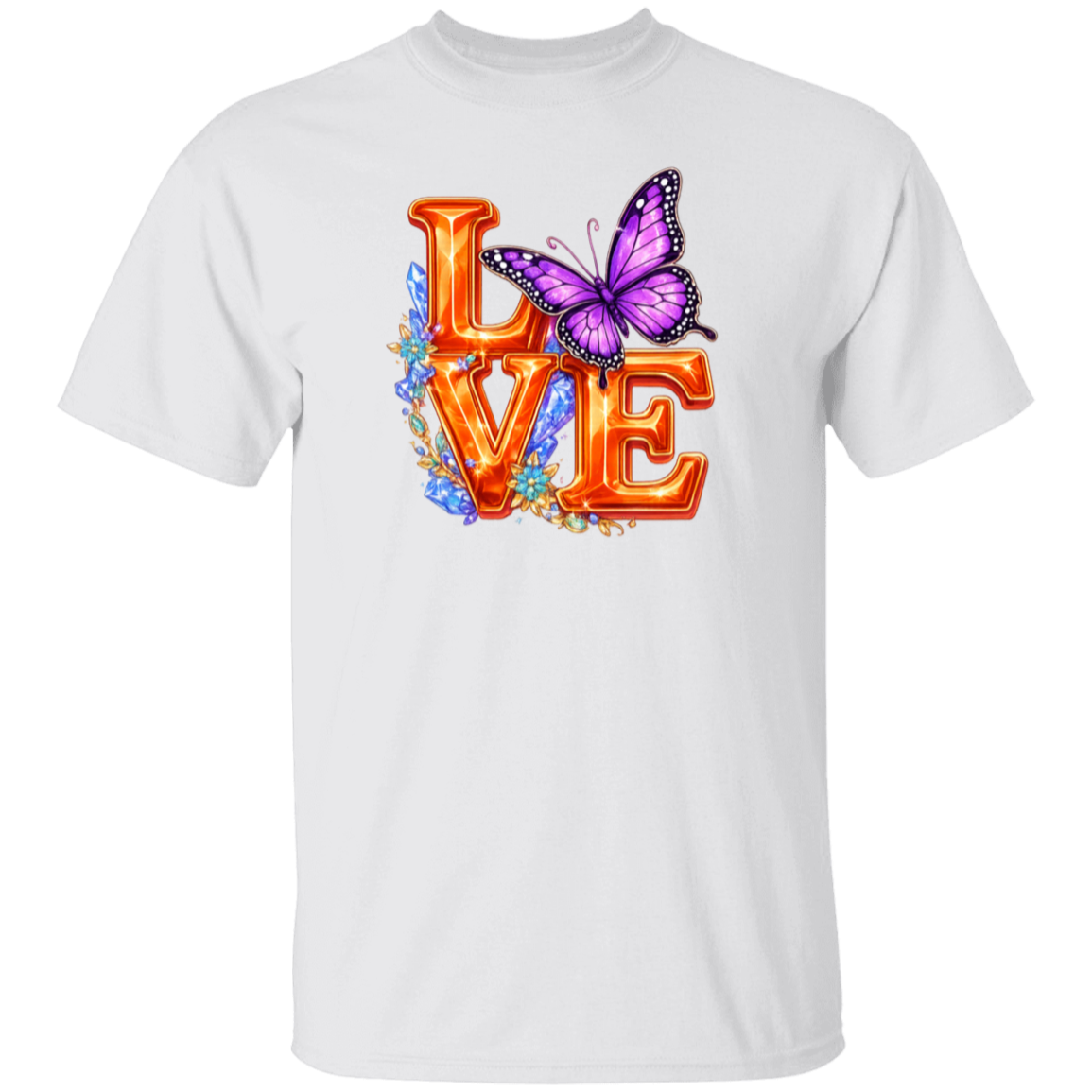White t-shirt with 'LOVE' design featuring a butterfly on a white background