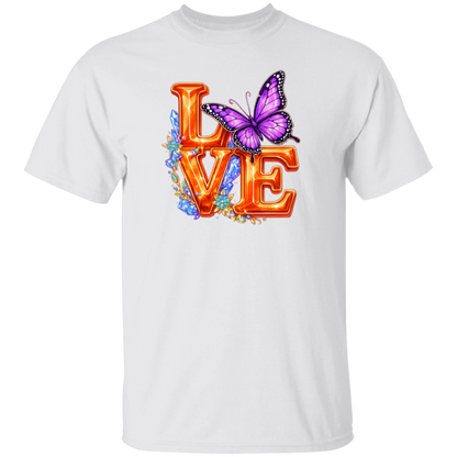 White t-shirt with 'LOVE' design featuring a butterfly on a white background