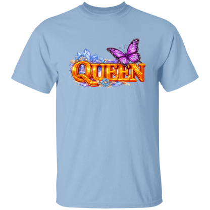 Light blue t-shirt with 'QUEEN' text and butterfly design on a white background