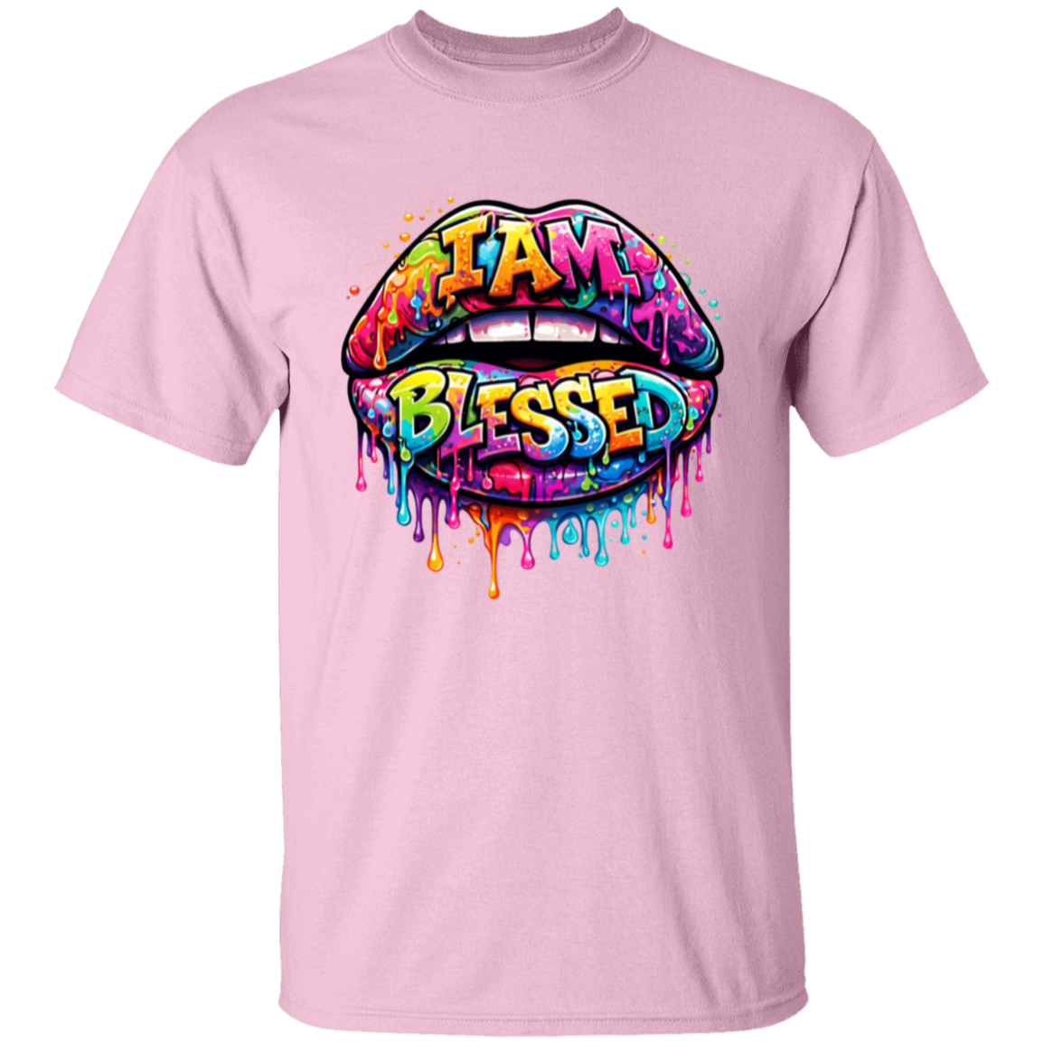Pink t-shirt with colorful lips graphic and 'I AM BLESSED' text on a white background